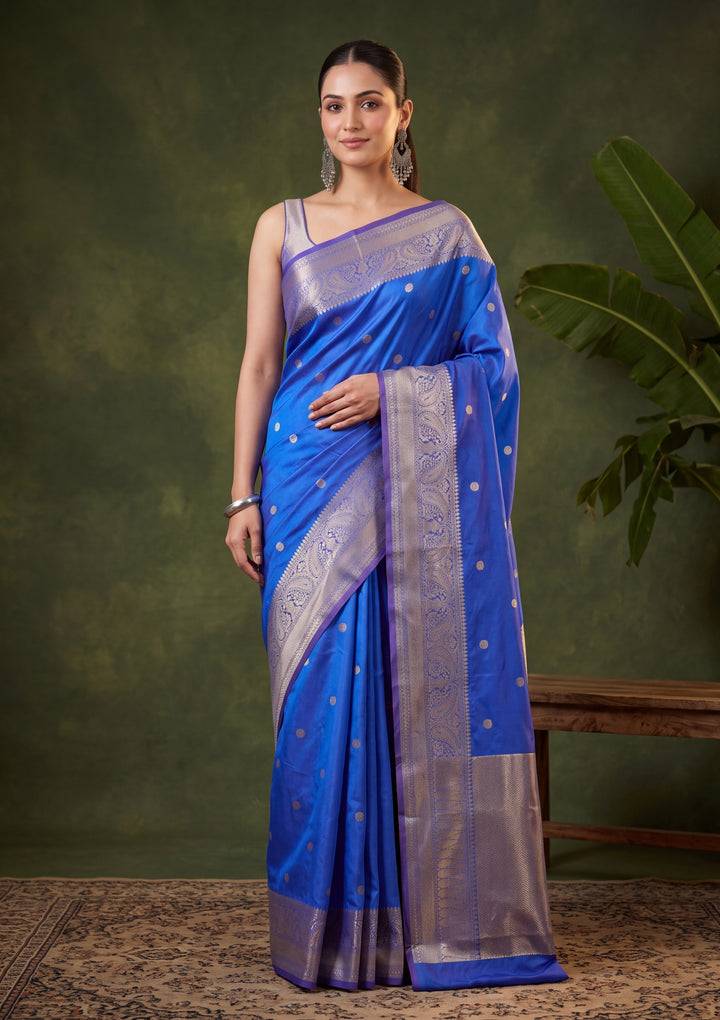 Royal Blue Art Silk Buti Saree With Matching Blouse Piece