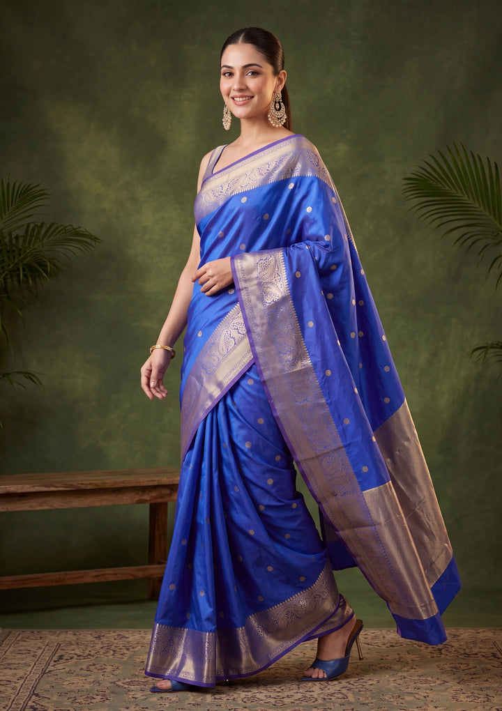 Royal Blue Art Silk Buti Saree With Matching Blouse Piece