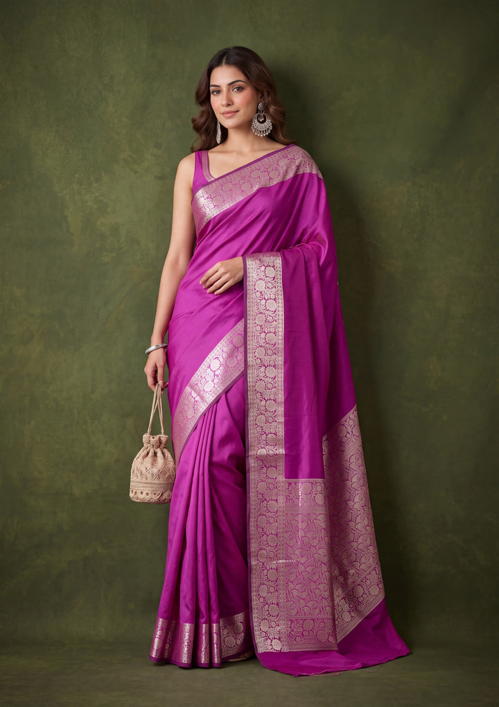 Magenta Pink Art Satin Plain Saree With Matching Blouse Piece