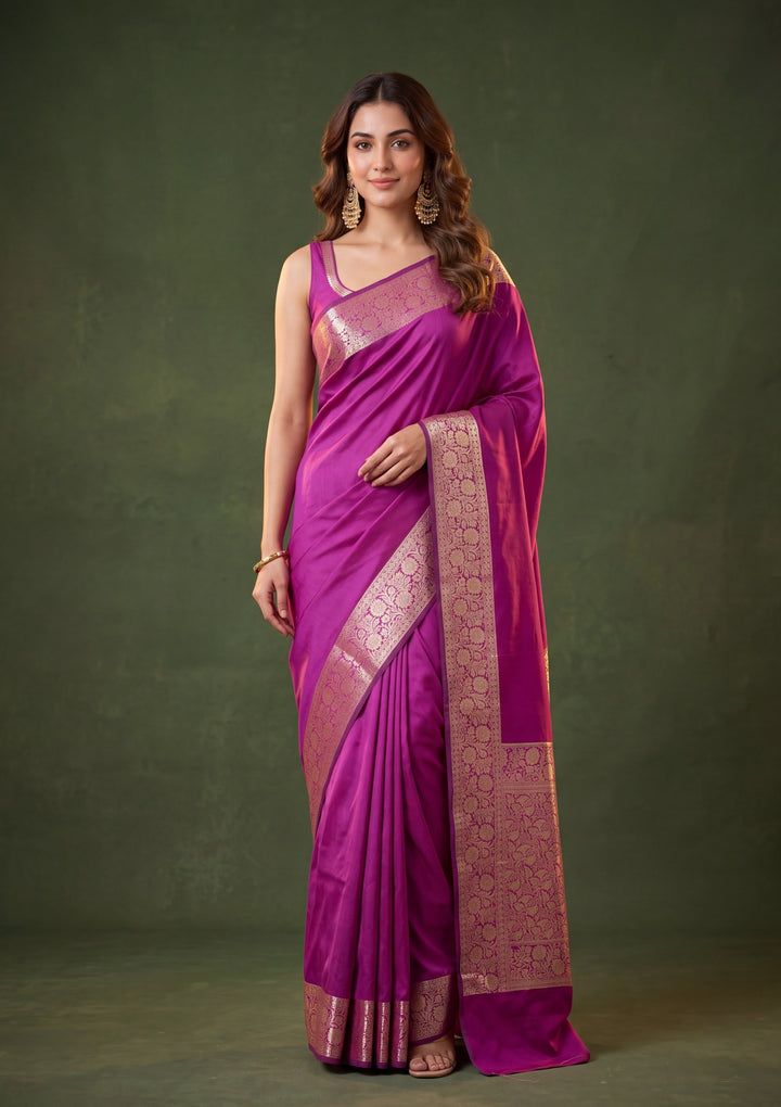 Magenta Pink Art Satin Plain Saree With Matching Blouse Piece