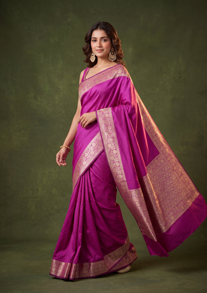 Magenta Pink Art Satin Plain Saree With Matching Blouse Piece