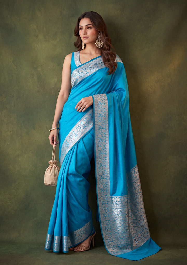 Peacock Blue Art Satin Plain Saree With Matching Blouse Piece