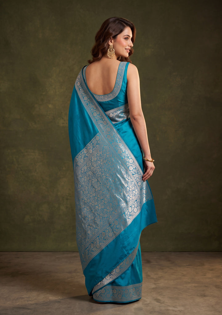 Peacock Blue Art Satin Plain Saree With Matching Blouse Piece