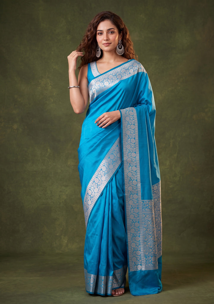 Peacock Blue Art Satin Plain Saree With Matching Blouse Piece