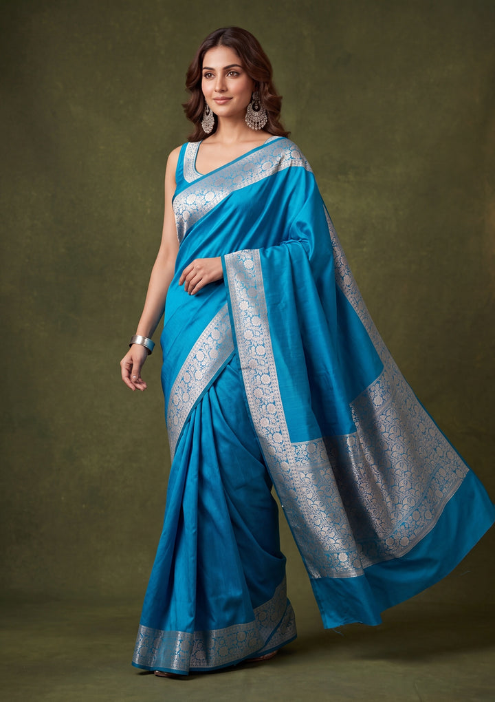 Peacock Blue Art Satin Plain Saree With Matching Blouse Piece