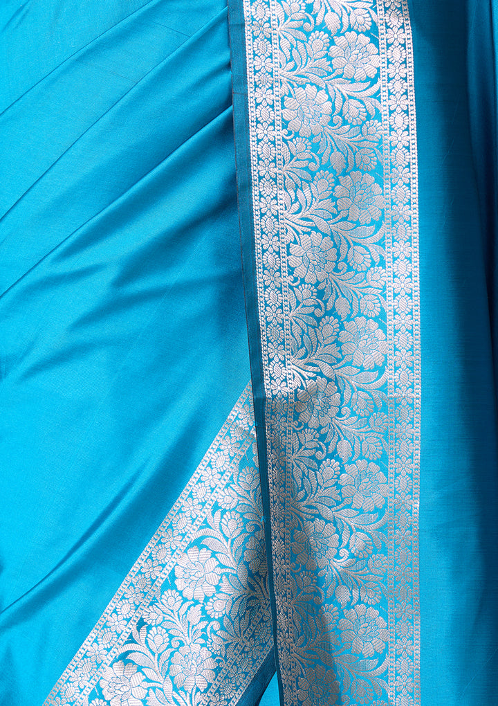 Peacock Blue Art Satin Plain Saree With Matching Blouse Piece