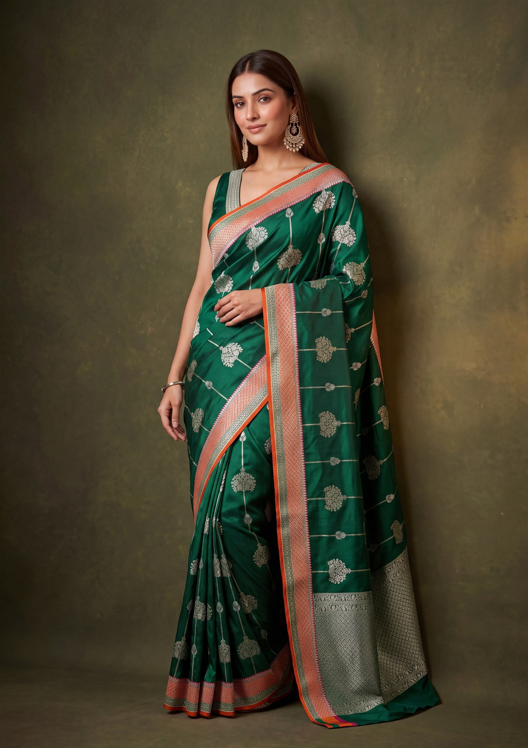 Leaf Green Art Satin Jaal Saree With Matching Blouse Piece