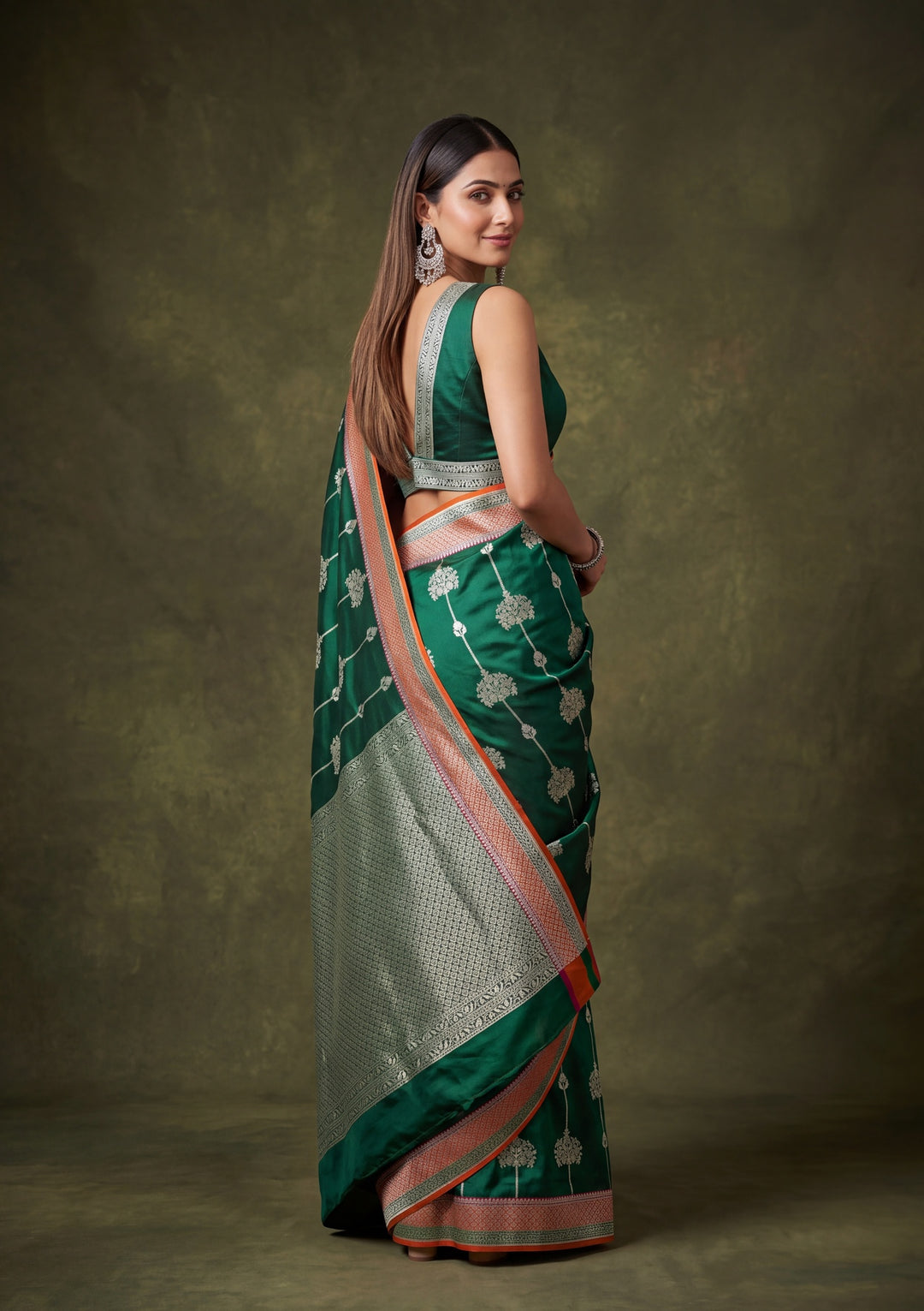 Leaf Green Art Satin Jaal Saree With Matching Blouse Piece