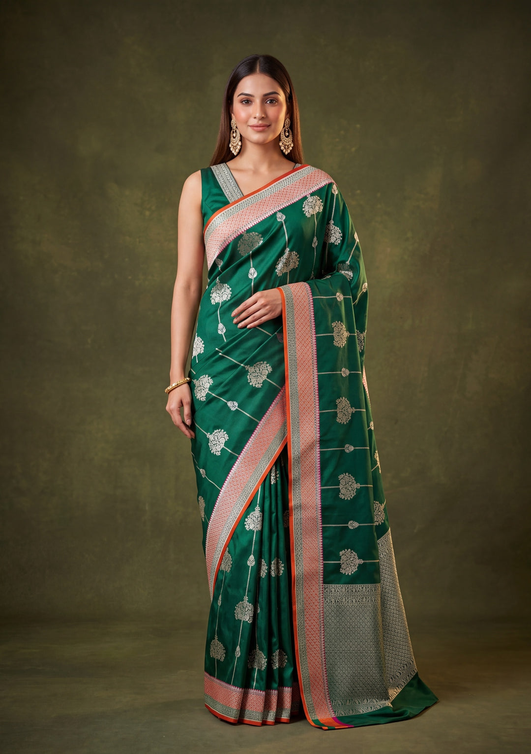 Leaf Green Art Satin Jaal Saree With Matching Blouse Piece
