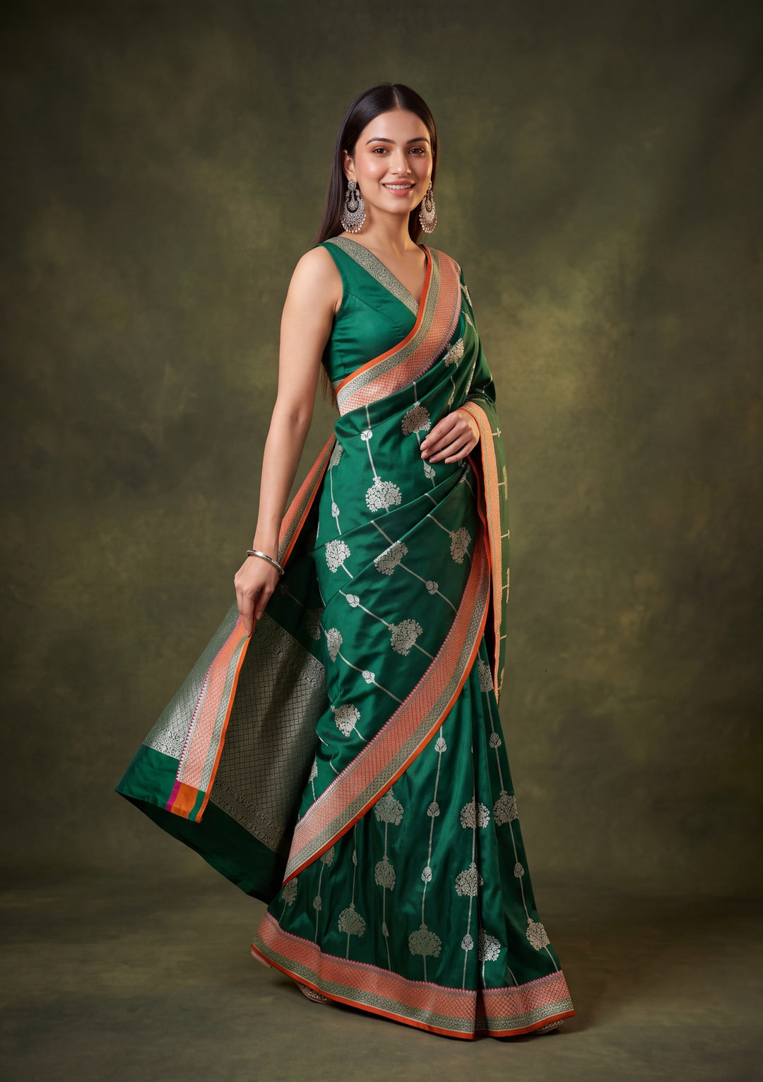 Leaf Green Art Satin Jaal Saree With Matching Blouse Piece