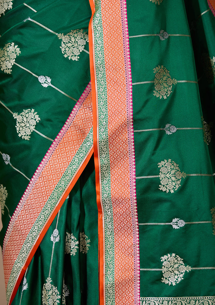 Leaf Green Art Satin Jaal Saree With Matching Blouse Piece