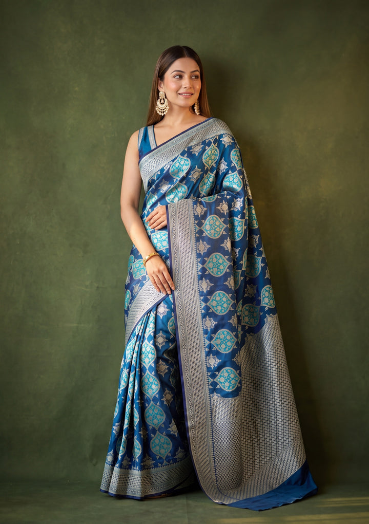 Peacock Blue Art Satin Jaal Saree With Matching Blouse Piece