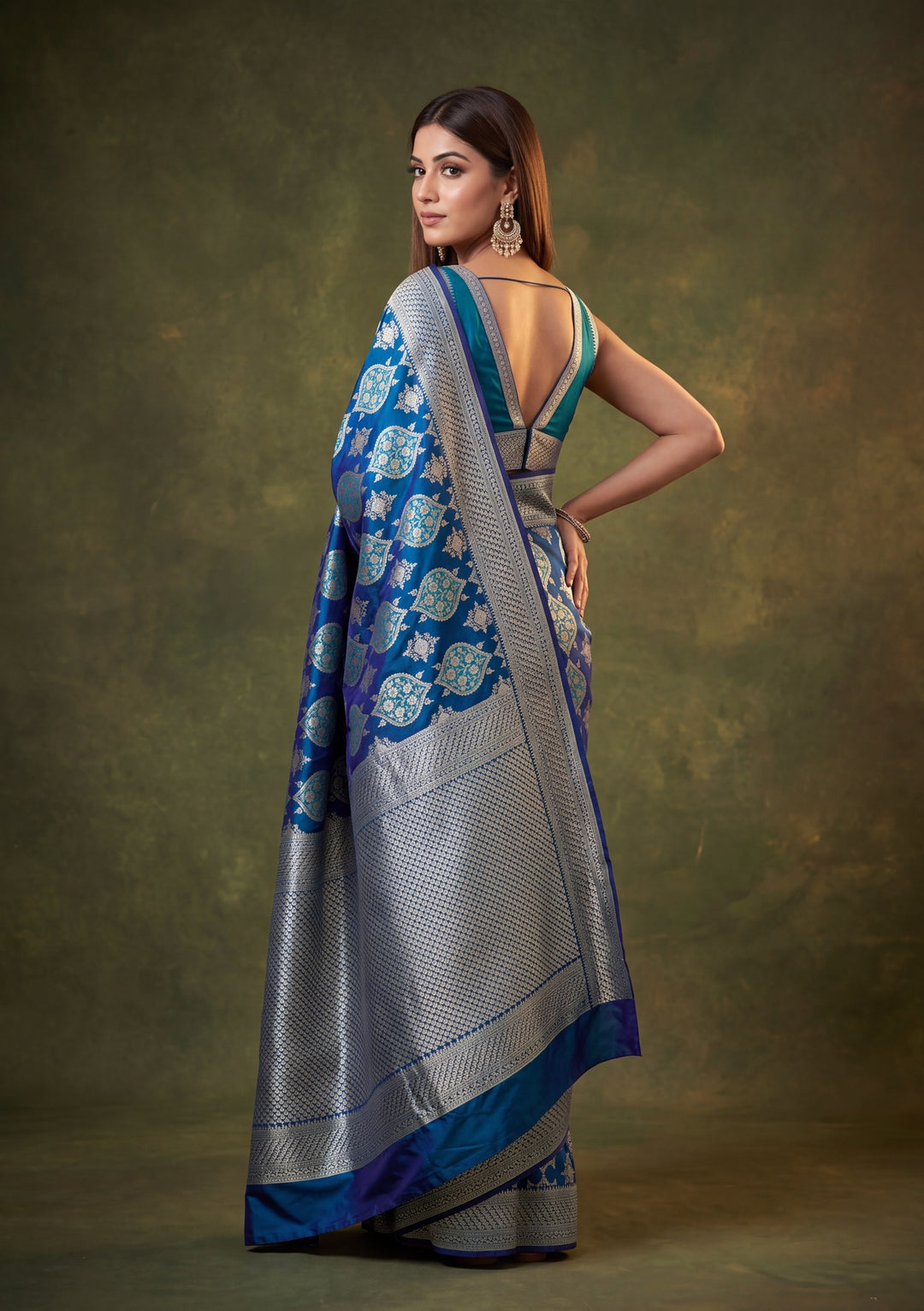 Peacock Blue Art Satin Jaal Saree With Matching Blouse Piece