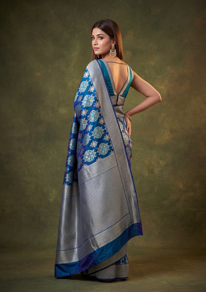 Peacock Blue Art Satin Jaal Saree With Matching Blouse Piece