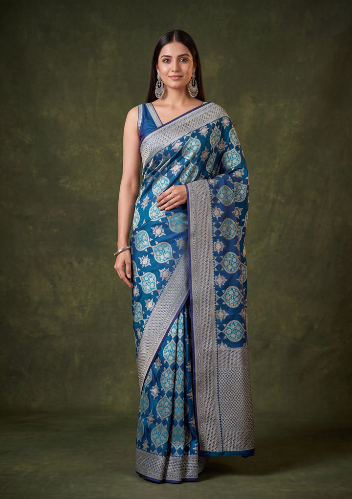 Peacock Blue Art Satin Jaal Saree With Matching Blouse Piece