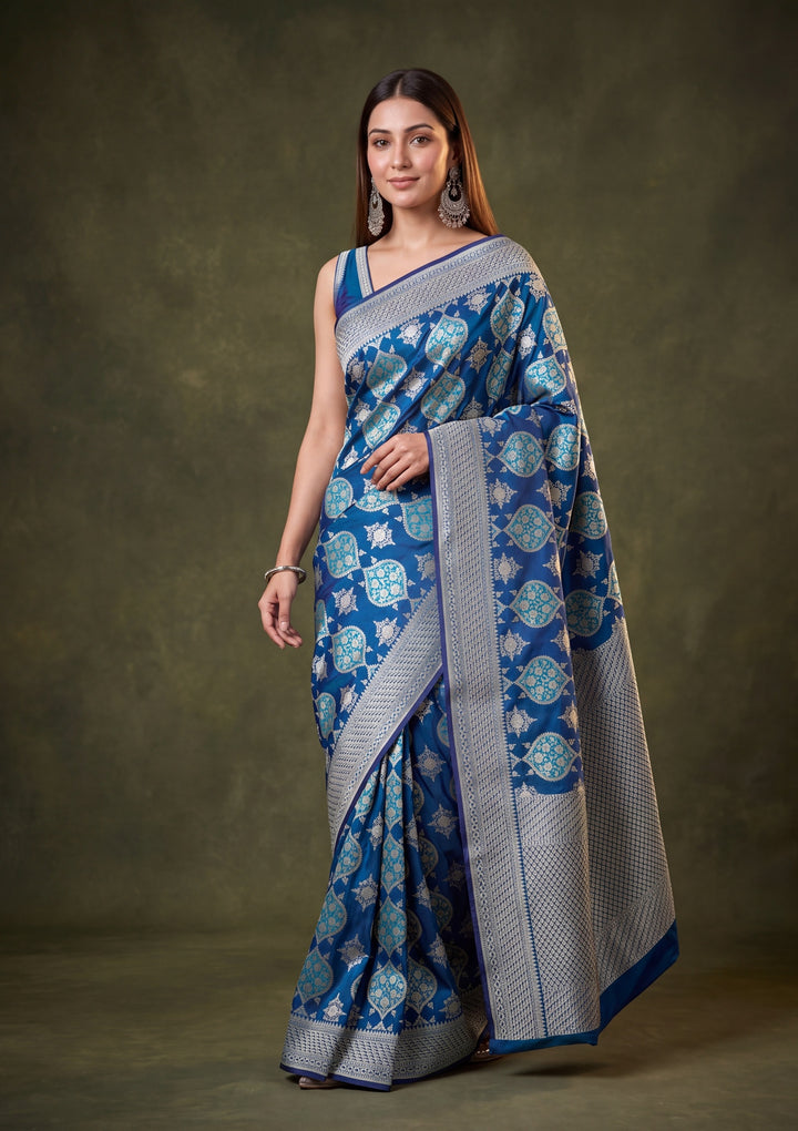 Peacock Blue Art Satin Jaal Saree With Matching Blouse Piece