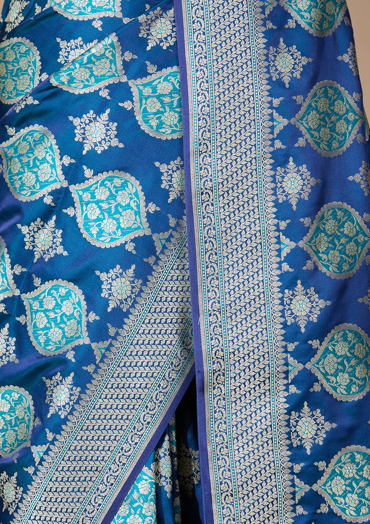 Peacock Blue Art Satin Jaal Saree With Matching Blouse Piece