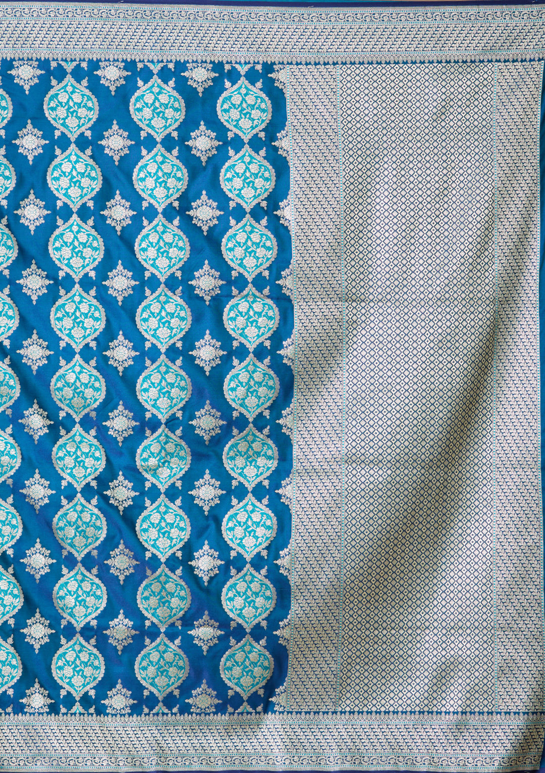 Peacock Blue Art Satin Jaal Saree With Matching Blouse Piece