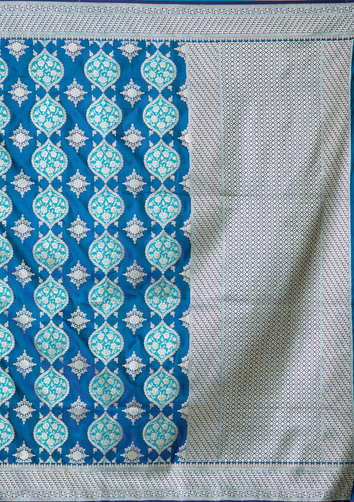 Peacock Blue Art Satin Jaal Saree With Matching Blouse Piece