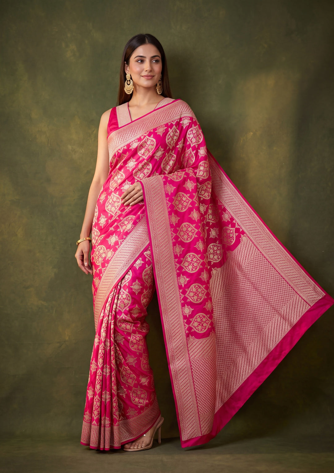Rani Pink Art Satin Jaal Banarasi Saree With Matching Blouse Piece