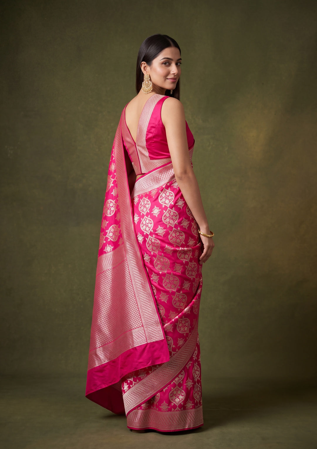 Rani Pink Art Satin Jaal Banarasi Saree With Matching Blouse Piece
