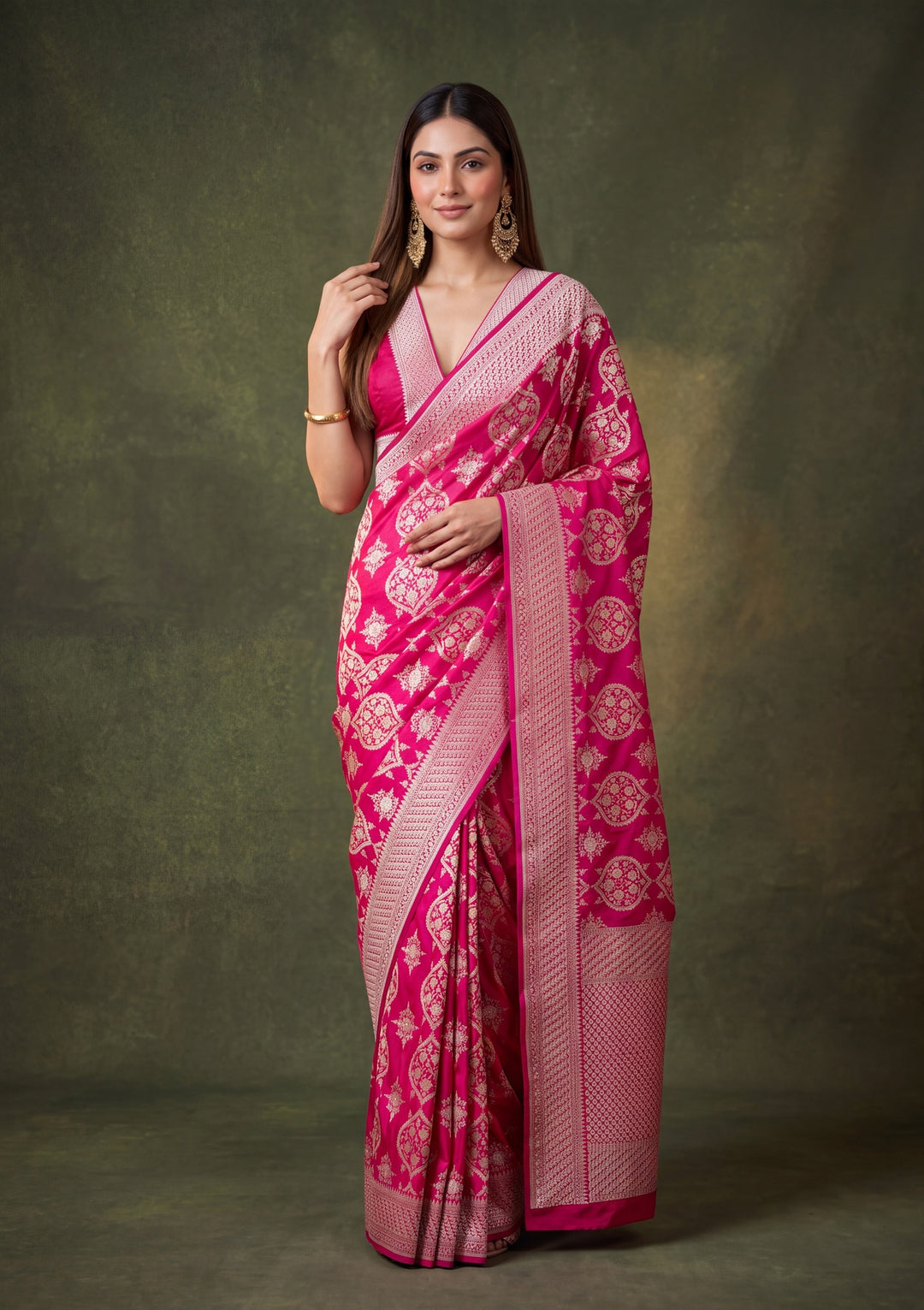 Rani Pink Art Satin Jaal Banarasi Saree With Matching Blouse Piece
