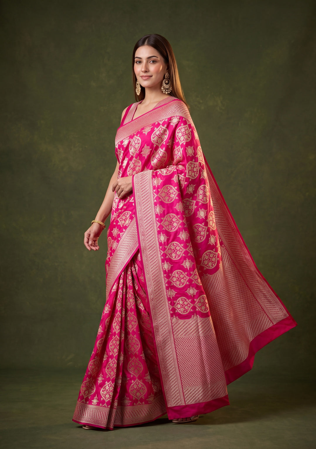 Rani Pink Art Satin Jaal Banarasi Saree With Matching Blouse Piece