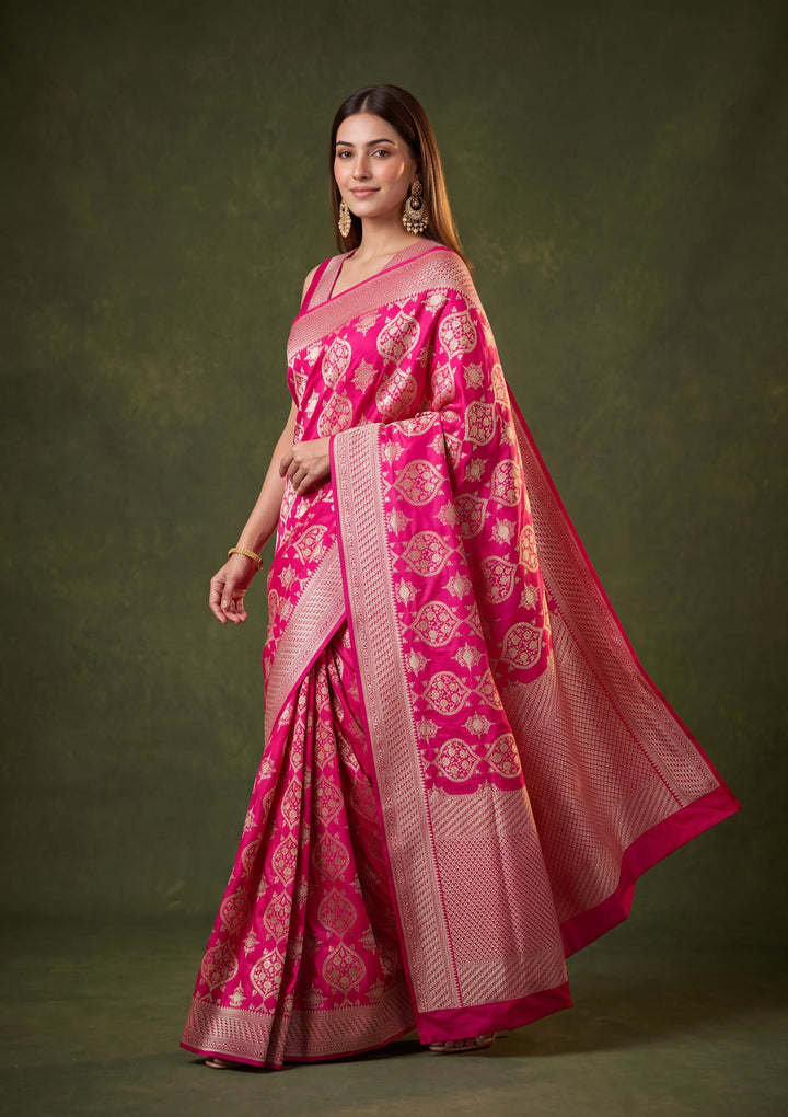 Rani Pink Art Satin Jaal Banarasi Saree With Matching Blouse Piece