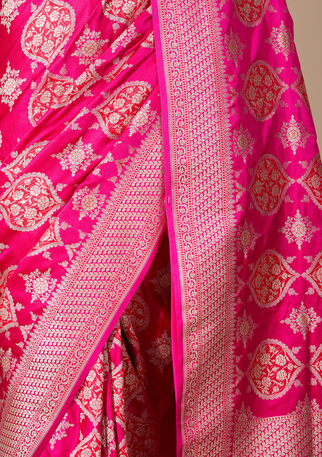 Rani Pink Art Satin Jaal Banarasi Saree With Matching Blouse Piece