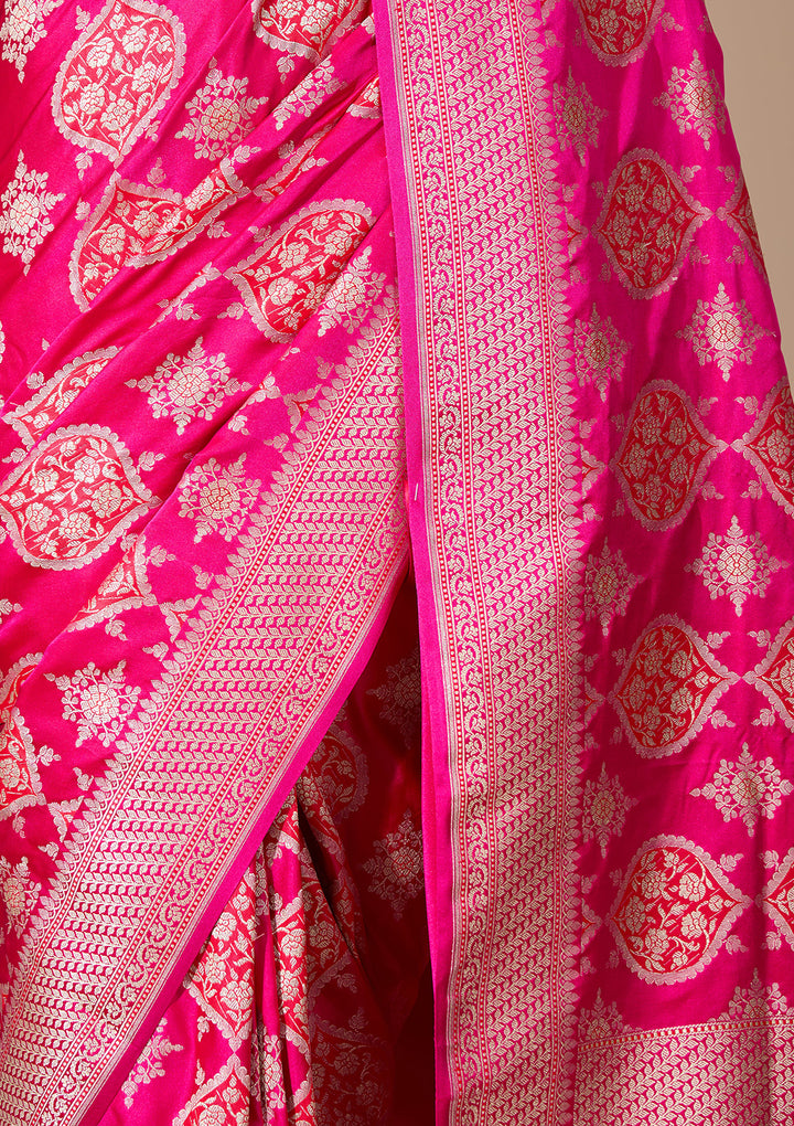 Rani Pink Art Satin Jaal Banarasi Saree With Matching Blouse Piece