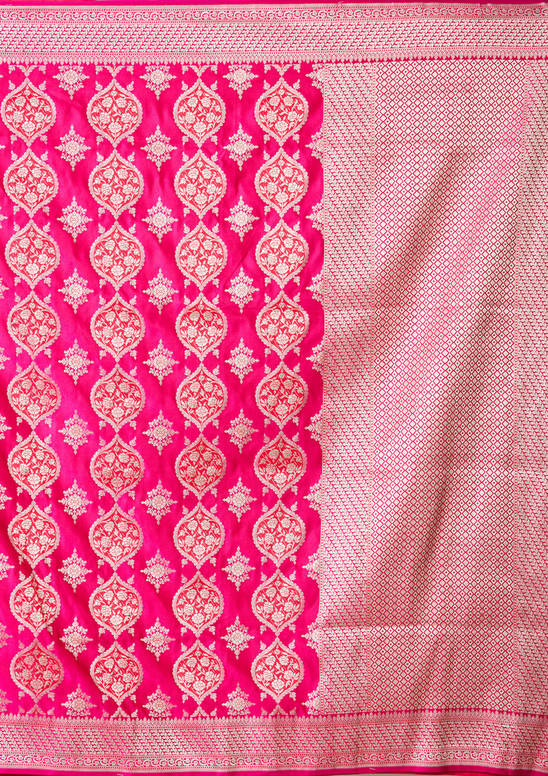 Rani Pink Art Satin Jaal Banarasi Saree With Matching Blouse Piece