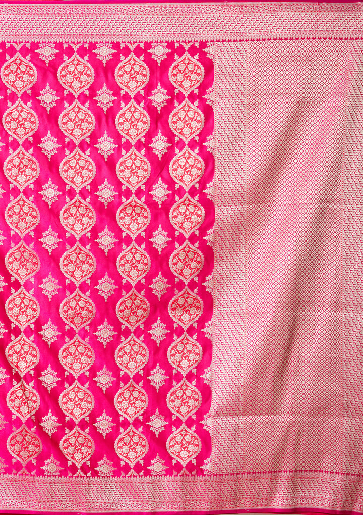 Rani Pink Art Satin Jaal Banarasi Saree With Matching Blouse Piece