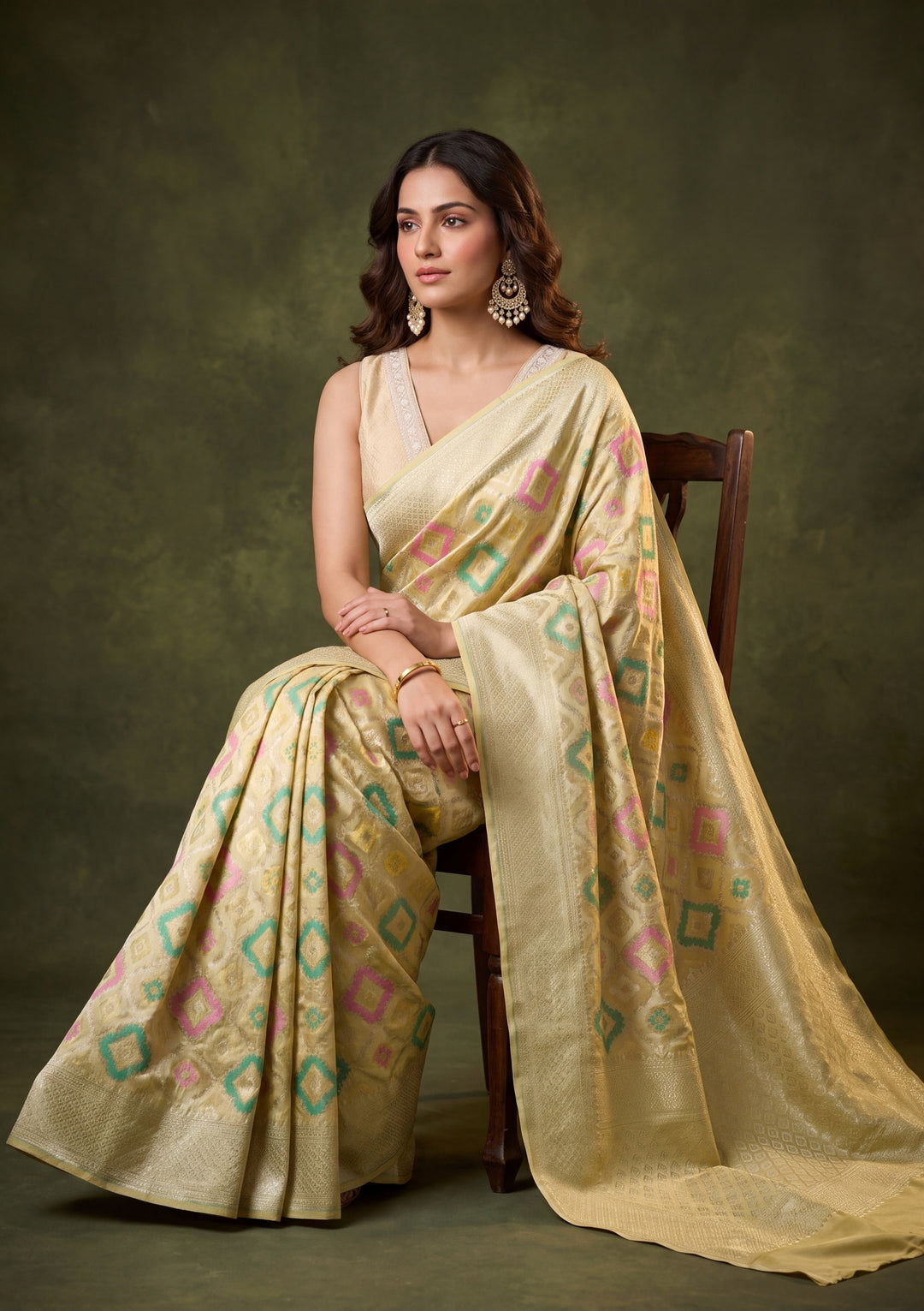 Pista Green Art Satin Jaal Saree With Matching Blouse Piece