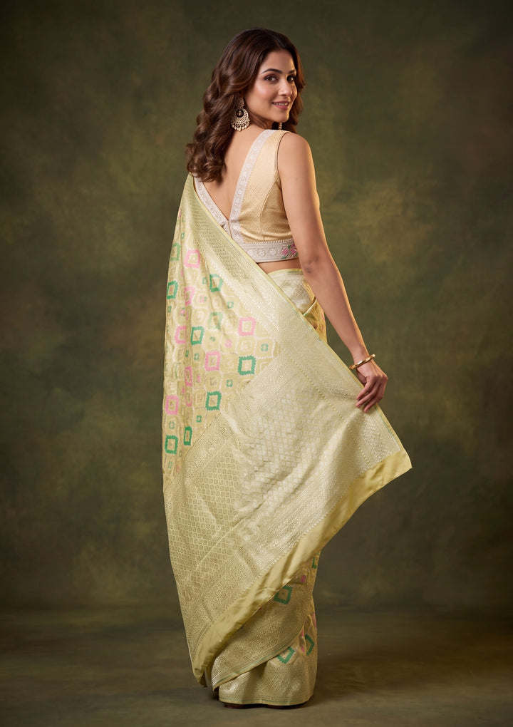 Pista Green Art Satin Jaal Saree With Matching Blouse Piece
