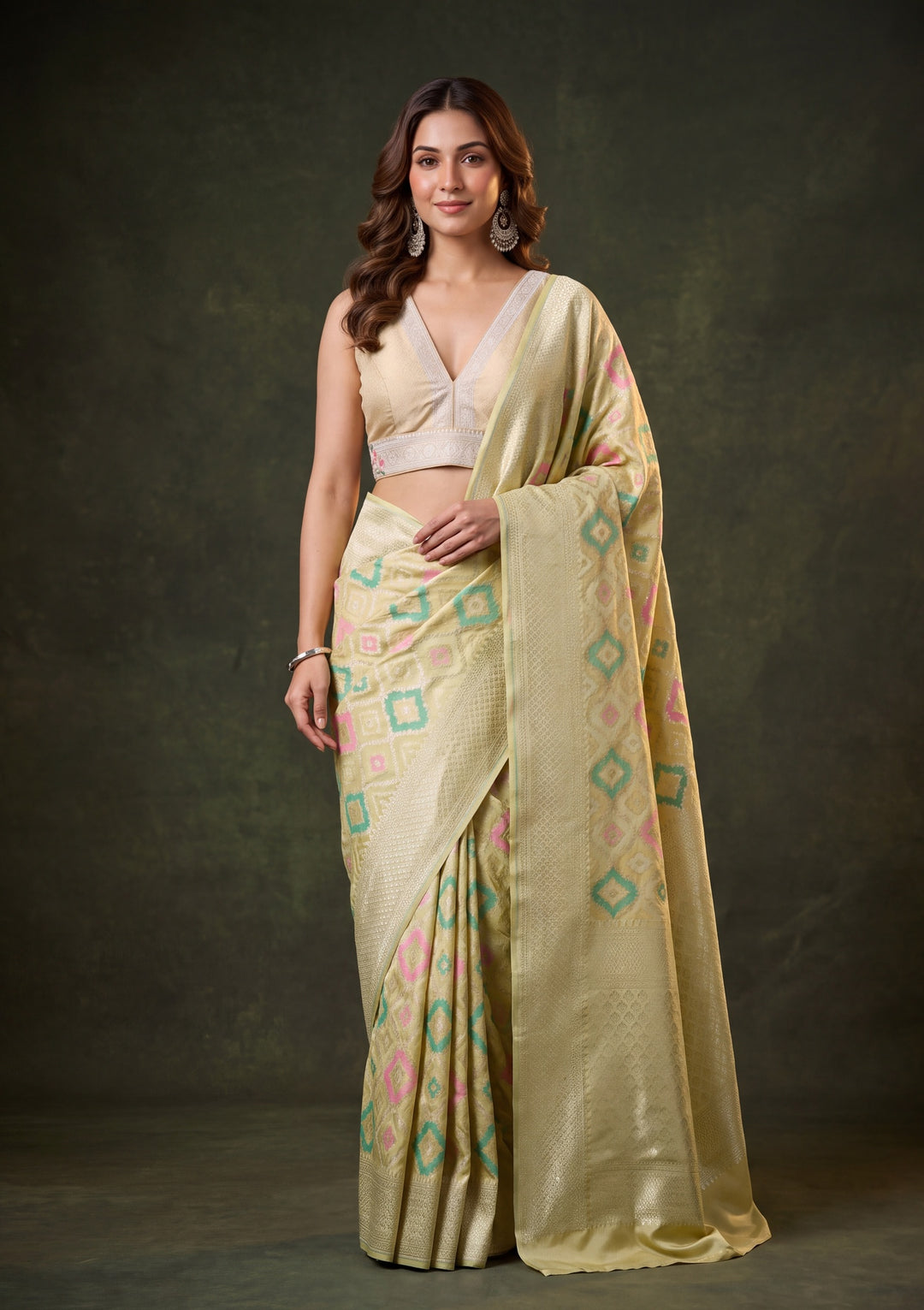 Pista Green Art Satin Jaal Saree With Matching Blouse Piece