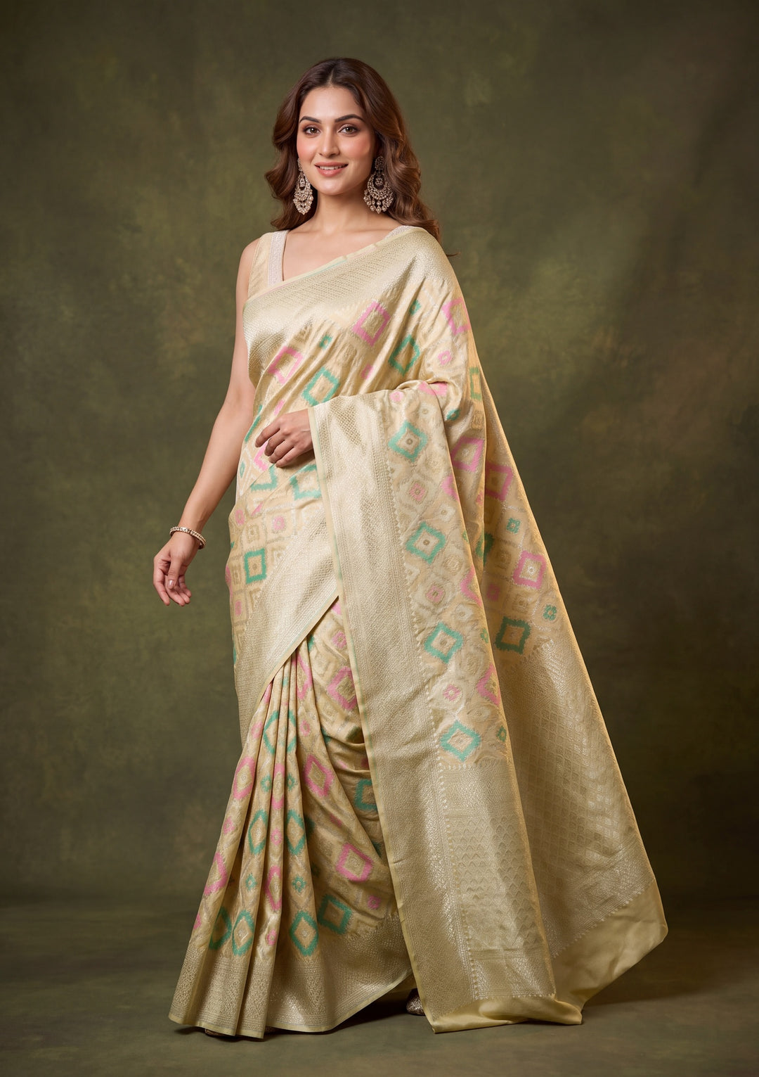 Pista Green Art Satin Jaal Saree With Matching Blouse Piece