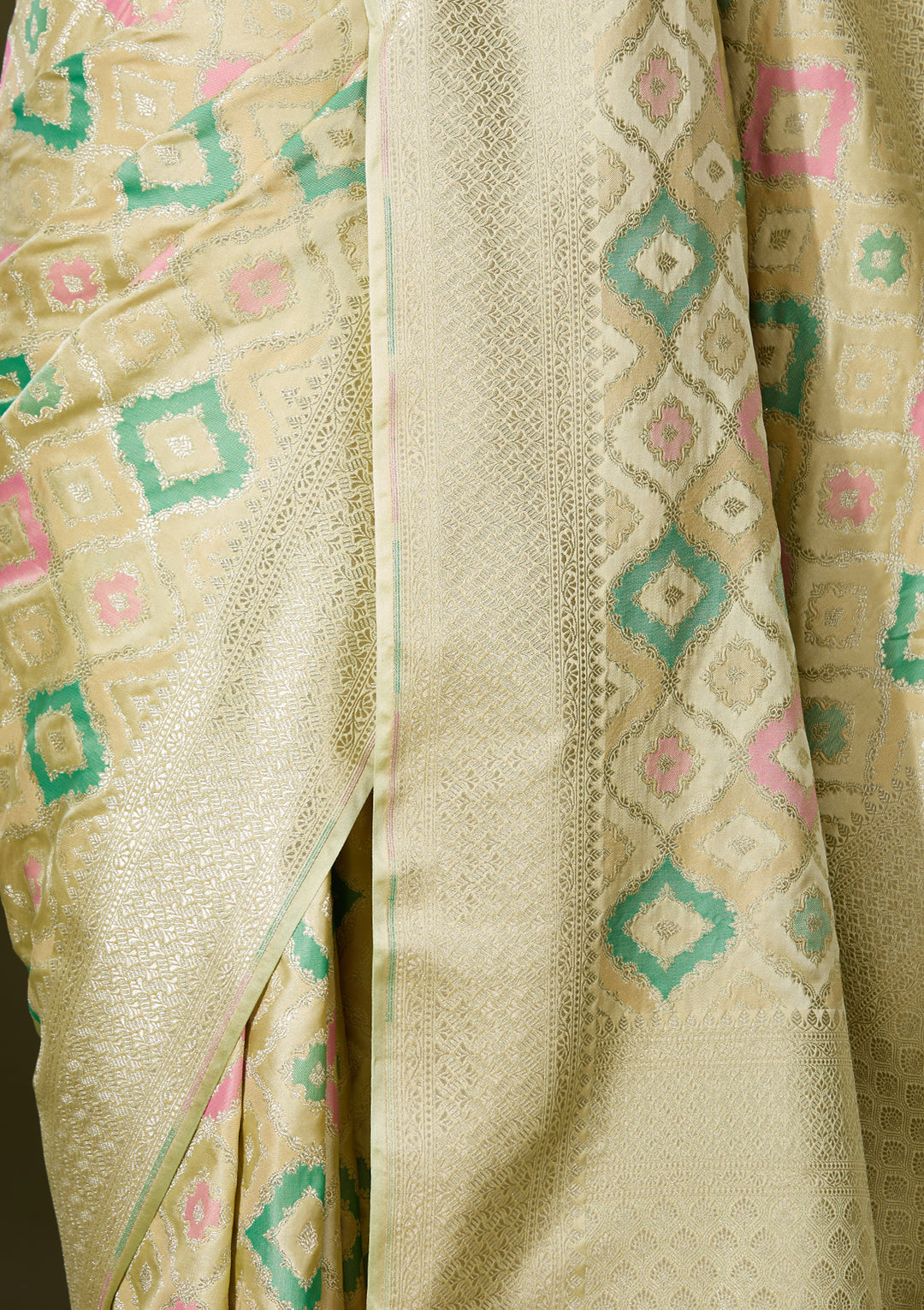 Pista Green Art Satin Jaal Saree With Matching Blouse Piece