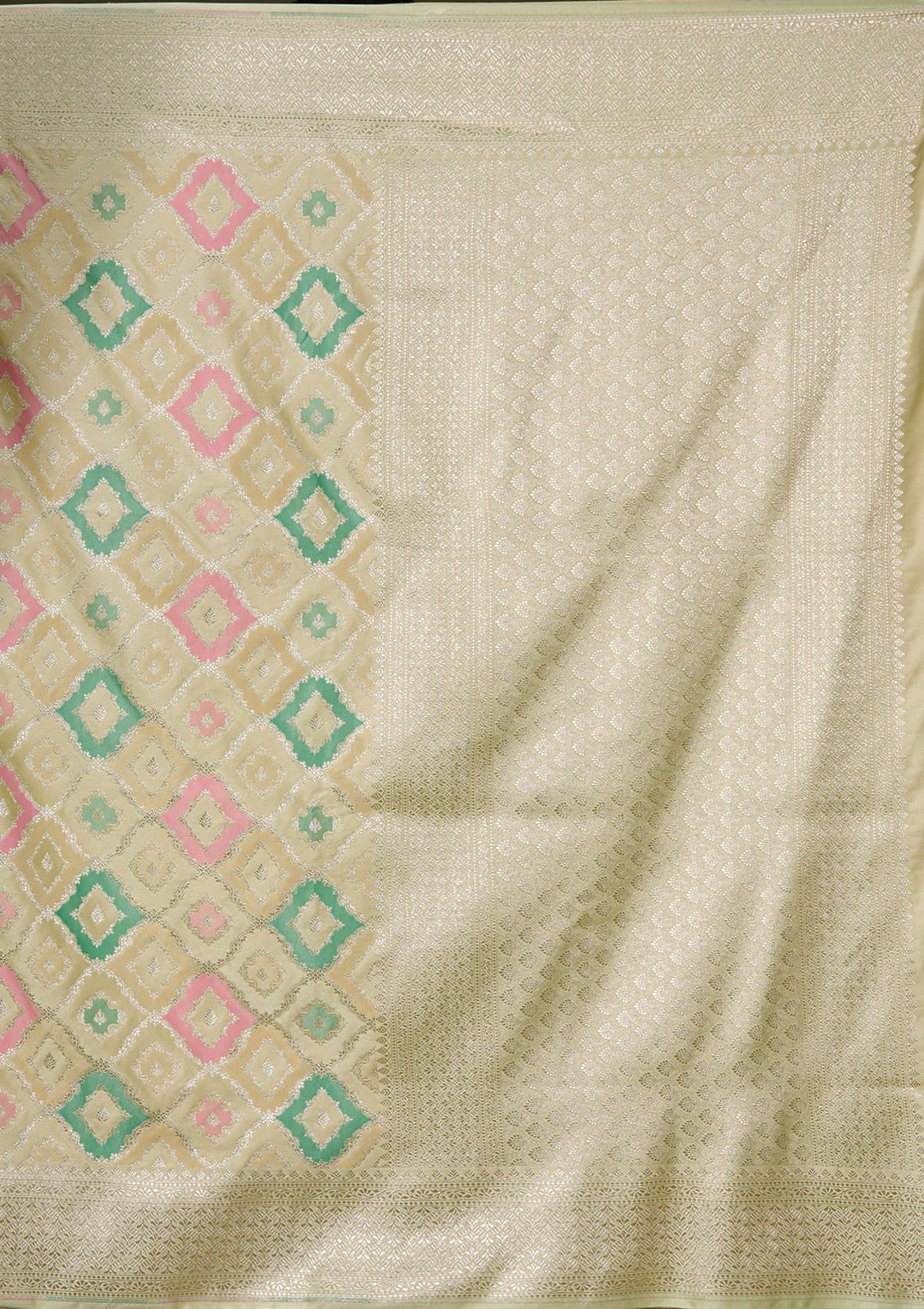 Pista Green Art Satin Jaal Saree With Matching Blouse Piece