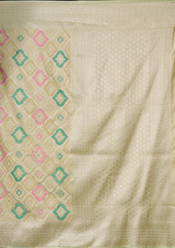 Pista Green Art Satin Jaal Saree With Matching Blouse Piece
