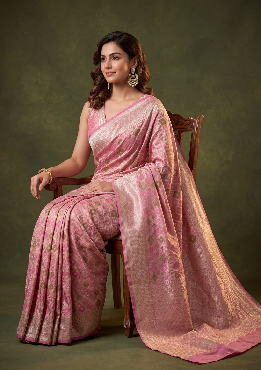 Onion Pink Art Satin Jaal Saree With Matching Blouse Piece