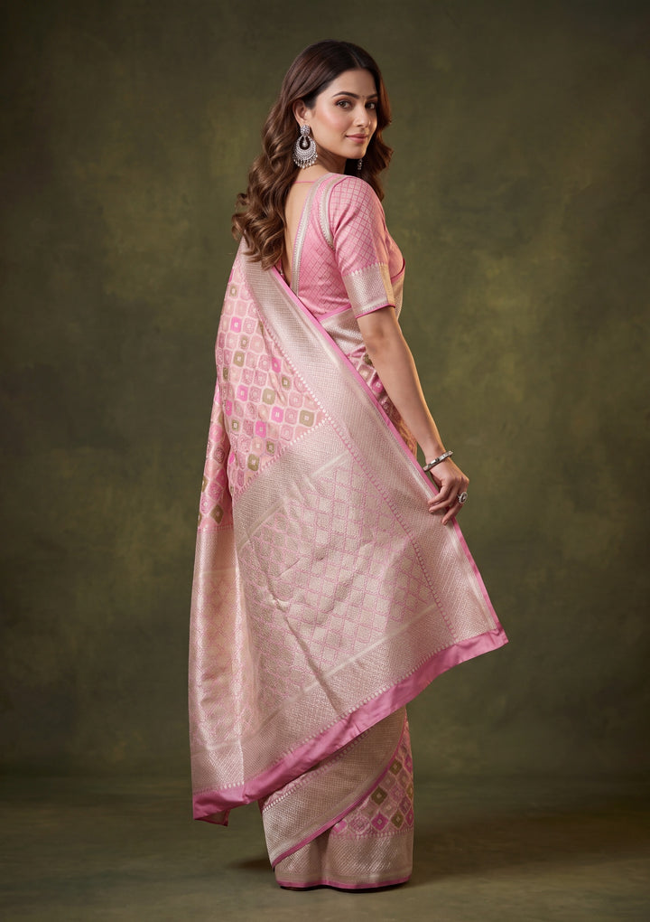 Onion Pink Art Satin Jaal Saree With Matching Blouse Piece