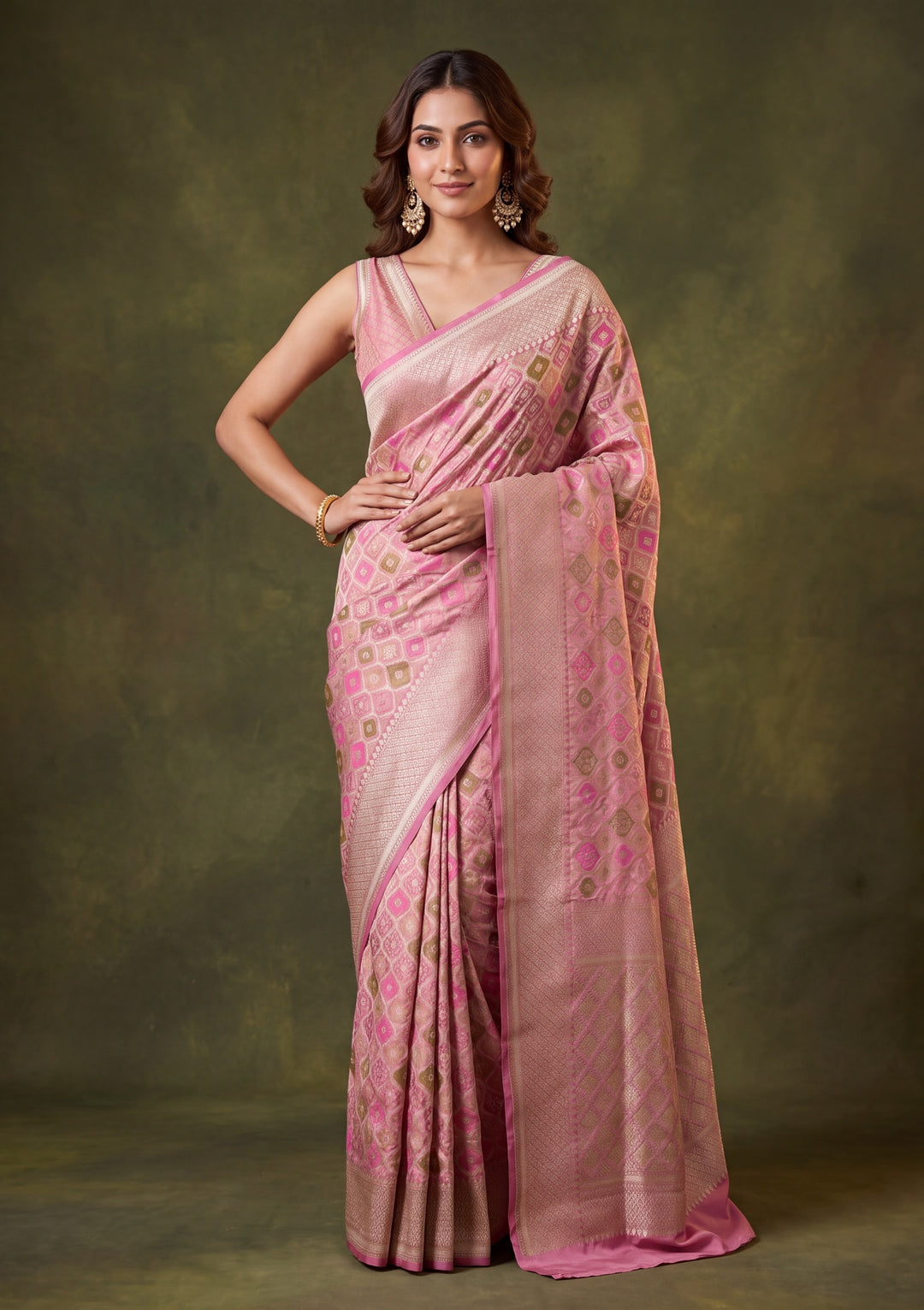 Onion Pink Art Satin Jaal Saree With Matching Blouse Piece