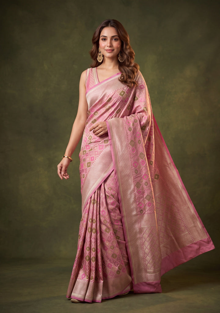 Onion Pink Art Satin Jaal Saree With Matching Blouse Piece