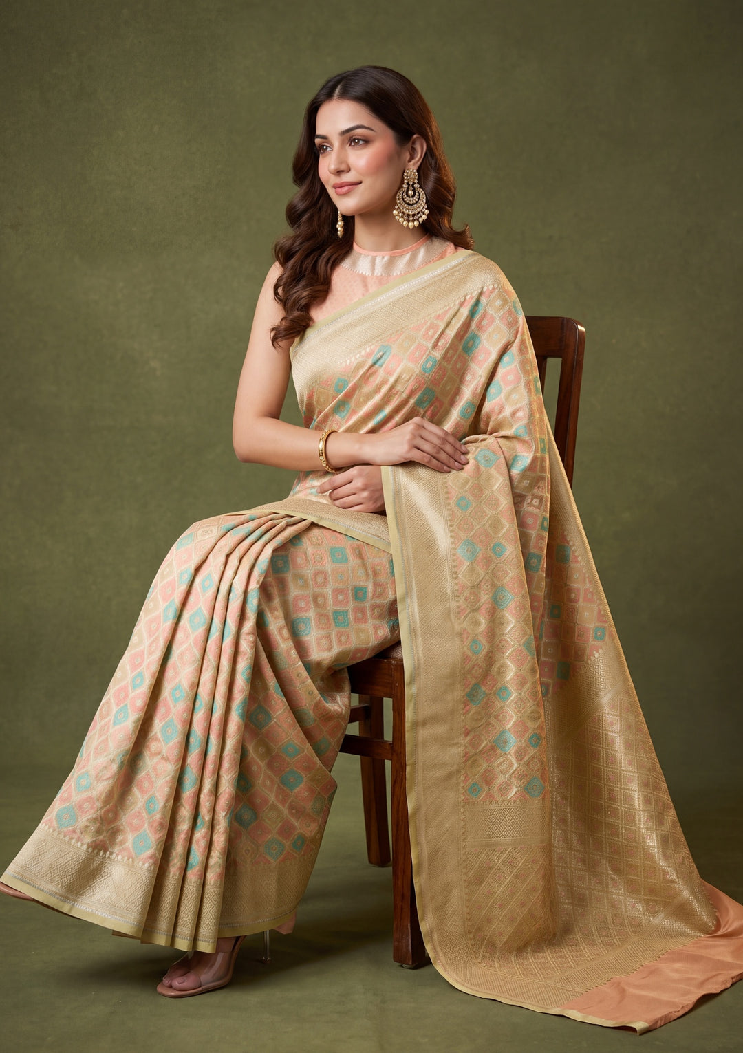 Pista Green Art Satin Jaal Banarasi Saree With Matching Blouse Piece