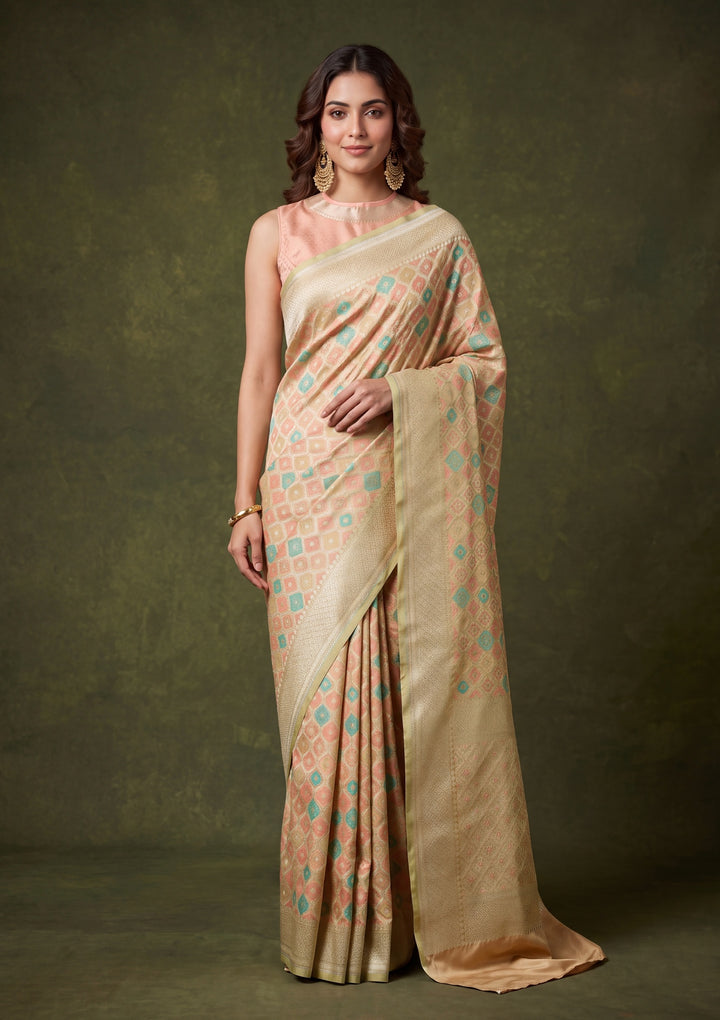 Pista Green Art Satin Jaal Banarasi Saree With Matching Blouse Piece