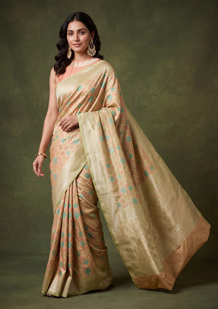 Pista Green Art Satin Jaal Banarasi Saree With Matching Blouse Piece
