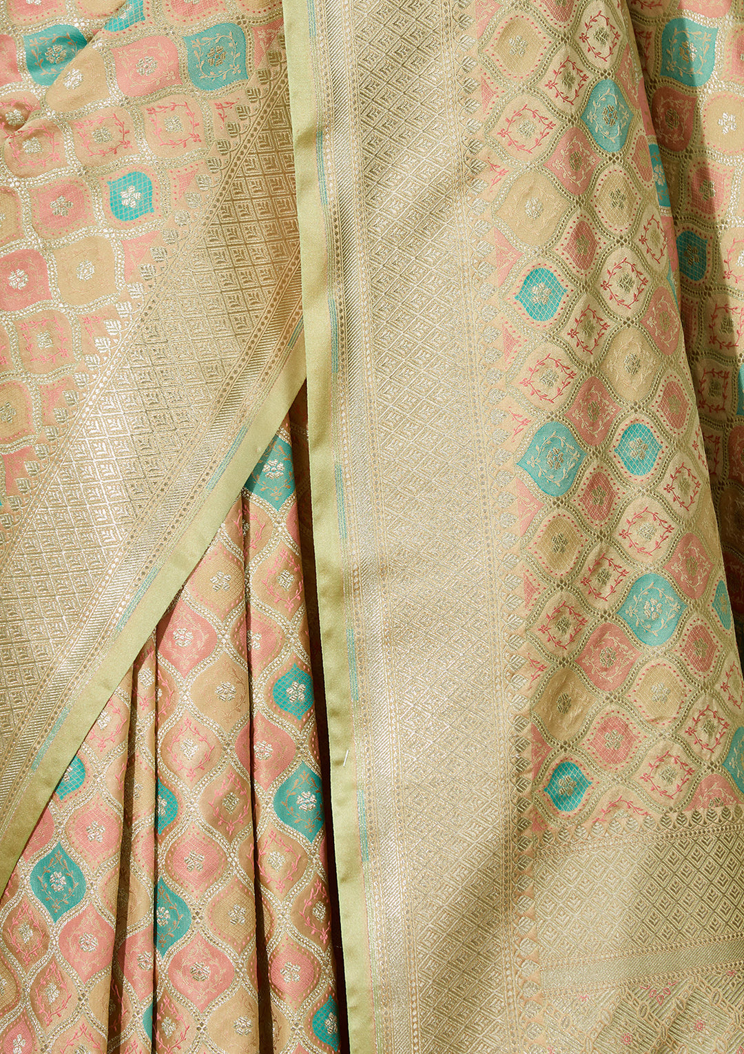 Pista Green Art Satin Jaal Banarasi Saree With Matching Blouse Piece