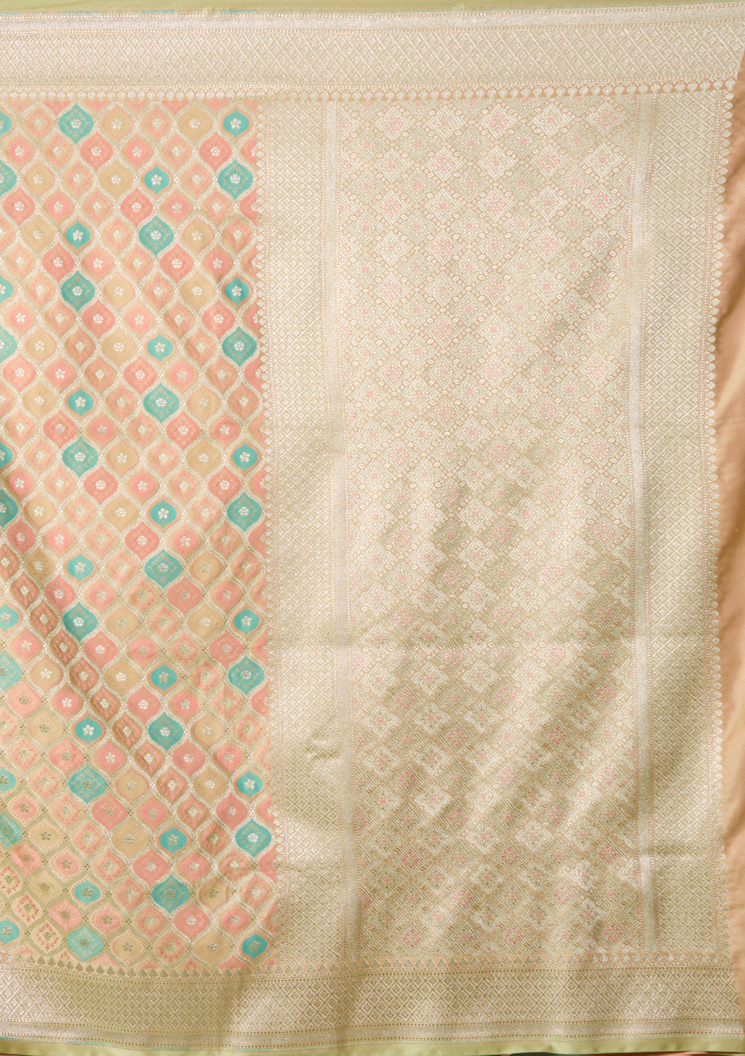 Pista Green Art Satin Jaal Banarasi Saree With Matching Blouse Piece