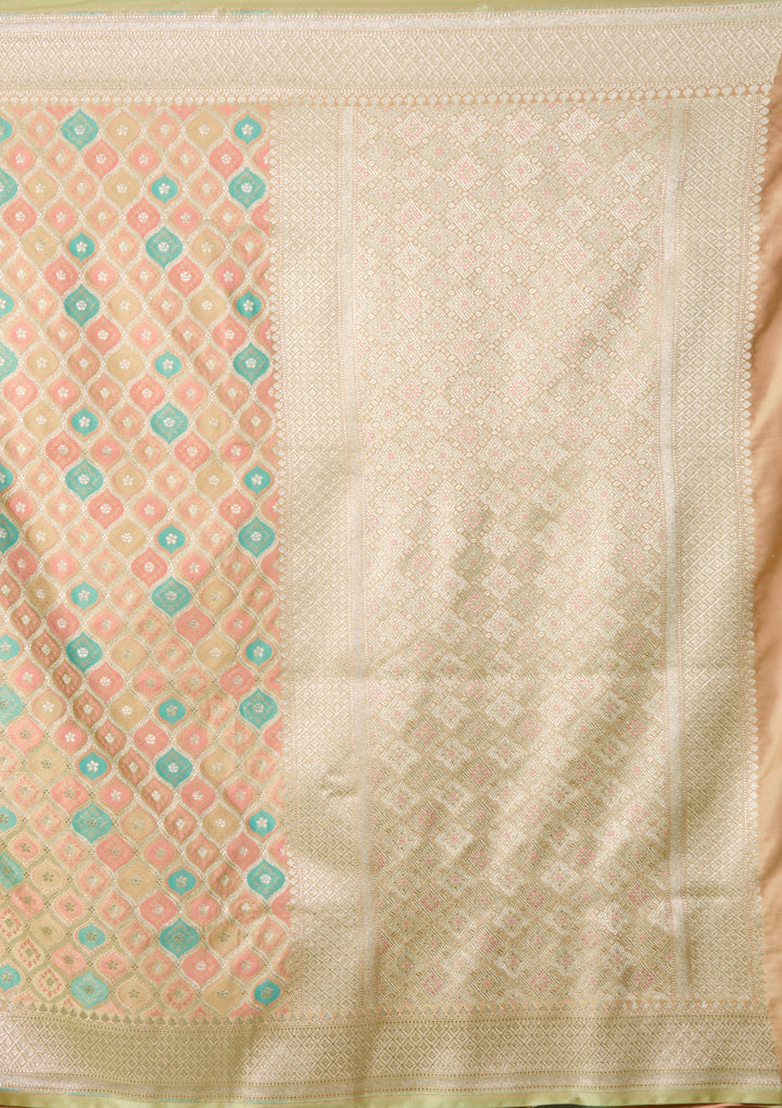 Pista Green Art Satin Jaal Banarasi Saree With Matching Blouse Piece
