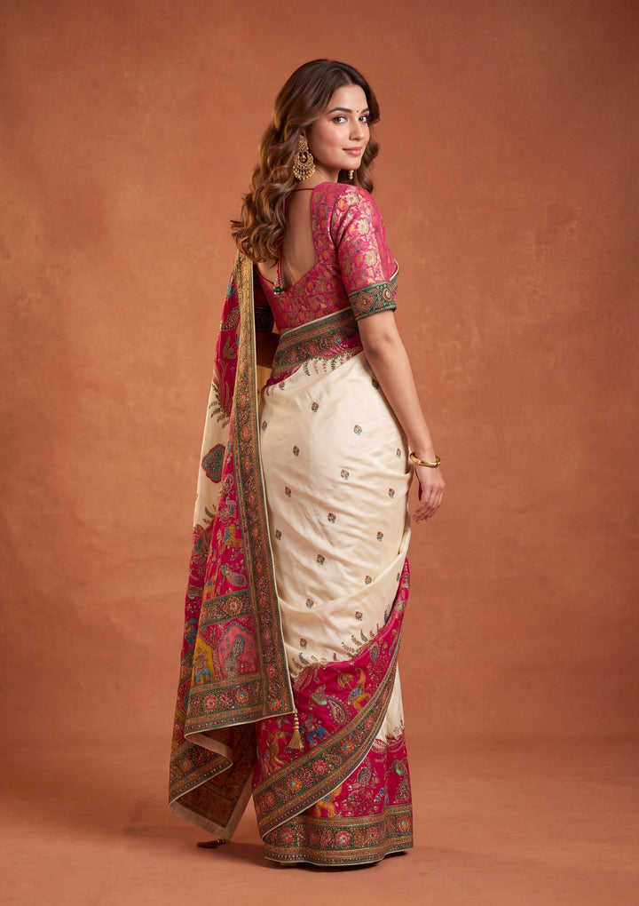 Baby Pink Silk Jaal Cutdana Saree With Matching Blouse Piece